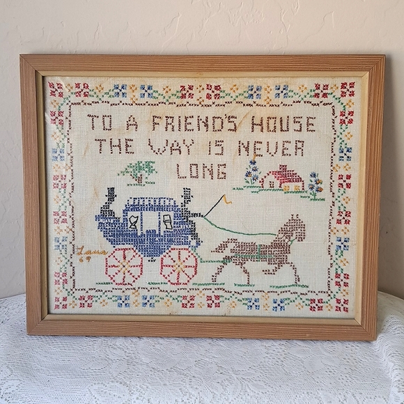 Vtg 60s Cross Stitch Sampler Hackney Horse & Buggy Embroidery Wood Frame 1969 - Picture 1 of 12
